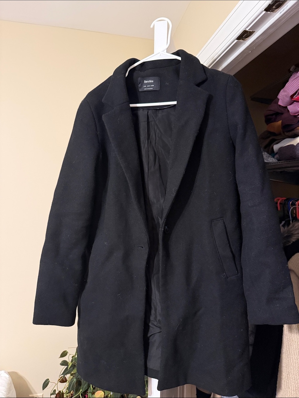 Bershka Women's Black Peacoat with Notch Collar